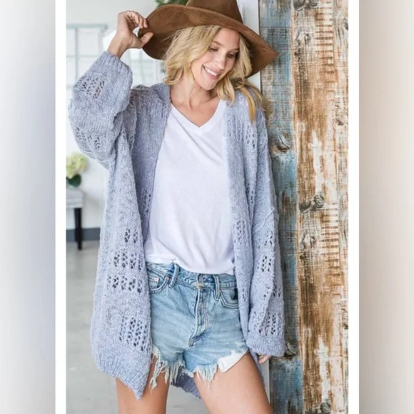 Bucketlist Holes Pattern Oversized Cardigan Medium Cool Blue Romantic Bohemian - Picture 2 of 14